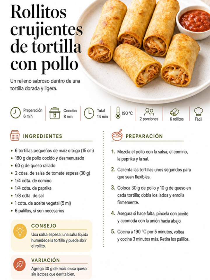 Receta: Rollitos crujientes de tortilla con pollo